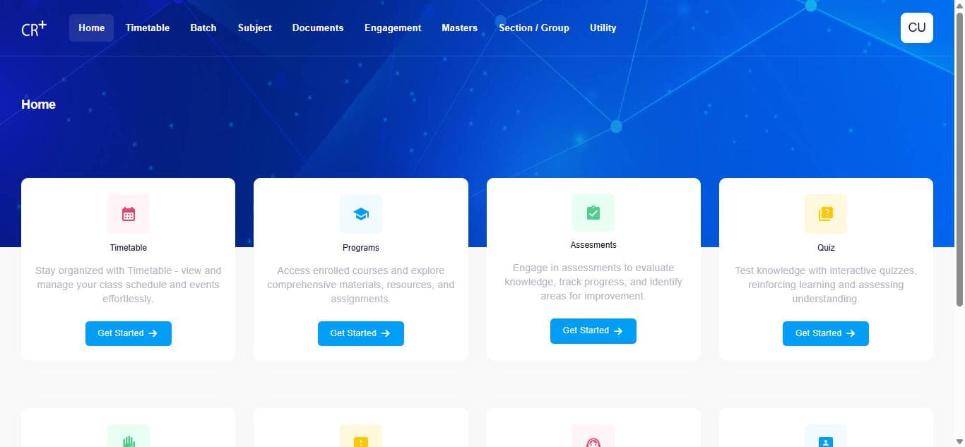 The Classroom+ admin home — module cards for timetable, programs, assessments, quiz, attendance, feedback, grievance and mentorship