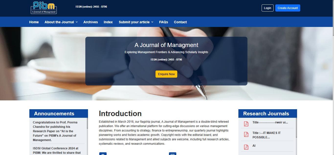 A Journal of Management home page — introduction, an announcements column, and a live rail of research journals pulled from the API