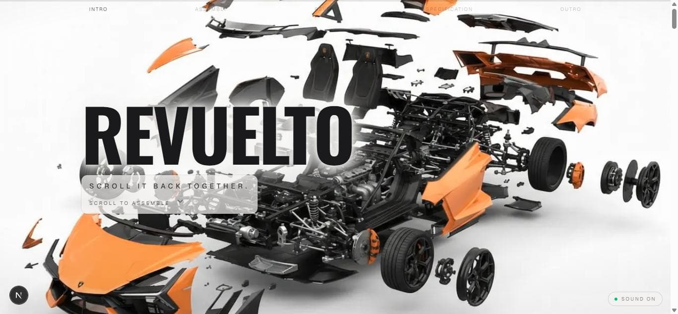 The intro — the Revuelto fully exploded into its parts, wordmark over it