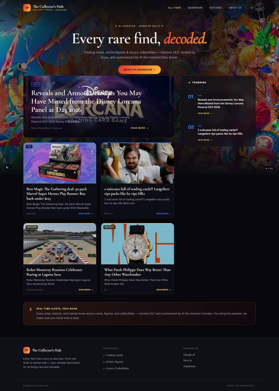 The Collector's Pulse real homepage, full length — 'Every rare find, decoded.' with live trending articles